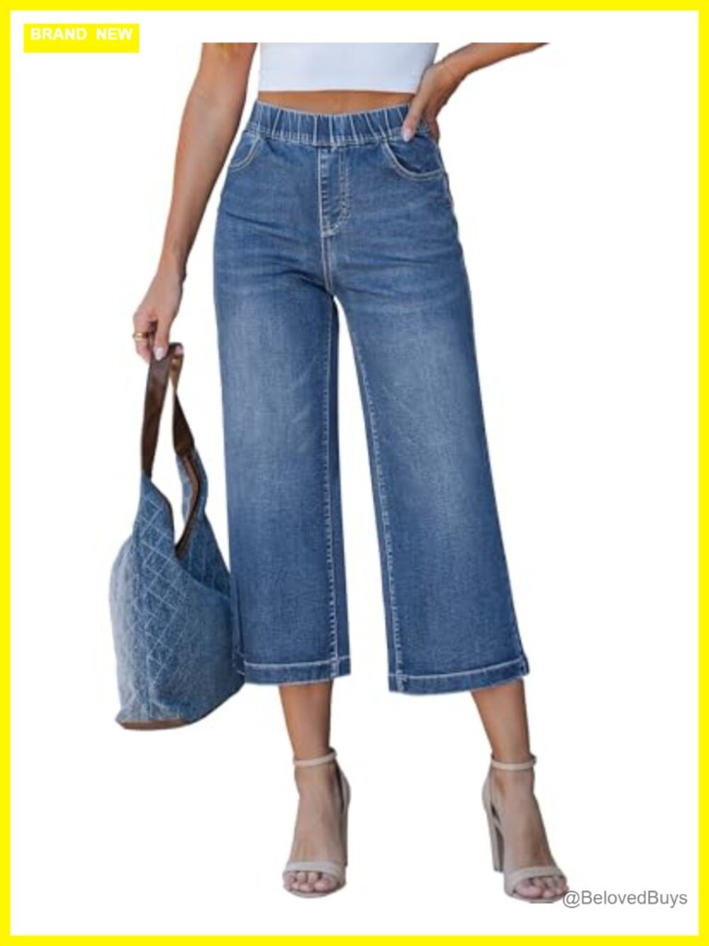 Capri Jeans Wide Leg High Waisted Pull On Stretch Denim Pants